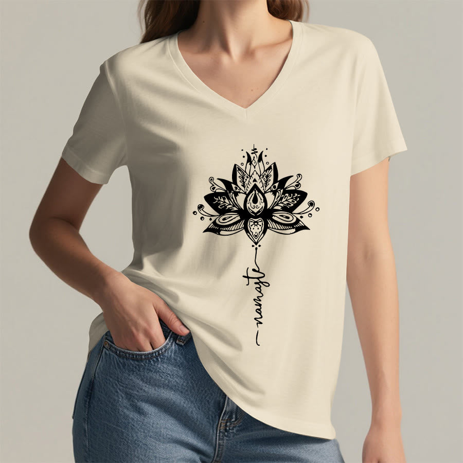 Olivenorma Intricate Lotus Mandala With Namaste Design V-Neck T-Shirt - image 5