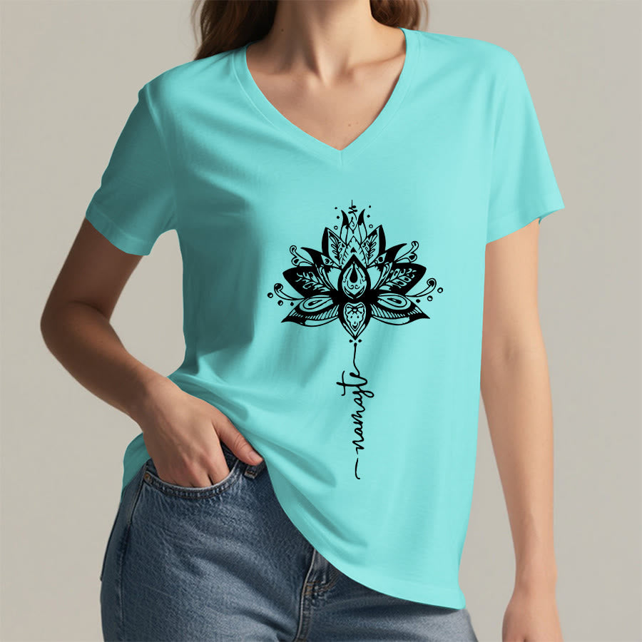 Olivenorma Intricate Lotus Mandala With Namaste Design V-Neck T-Shirt - image 11