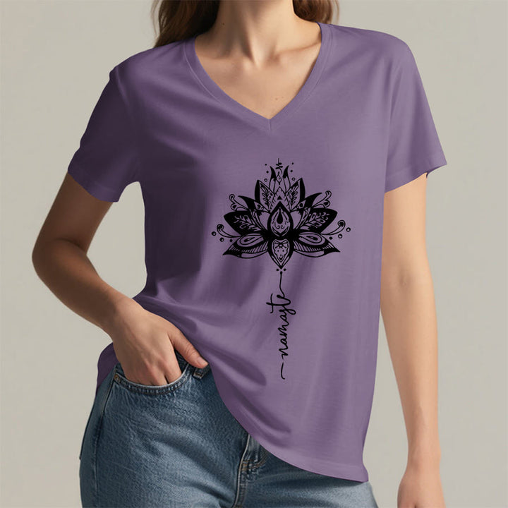 Olivenorma Intricate Lotus Mandala With Namaste Design V-Neck T-Shirt - image 38