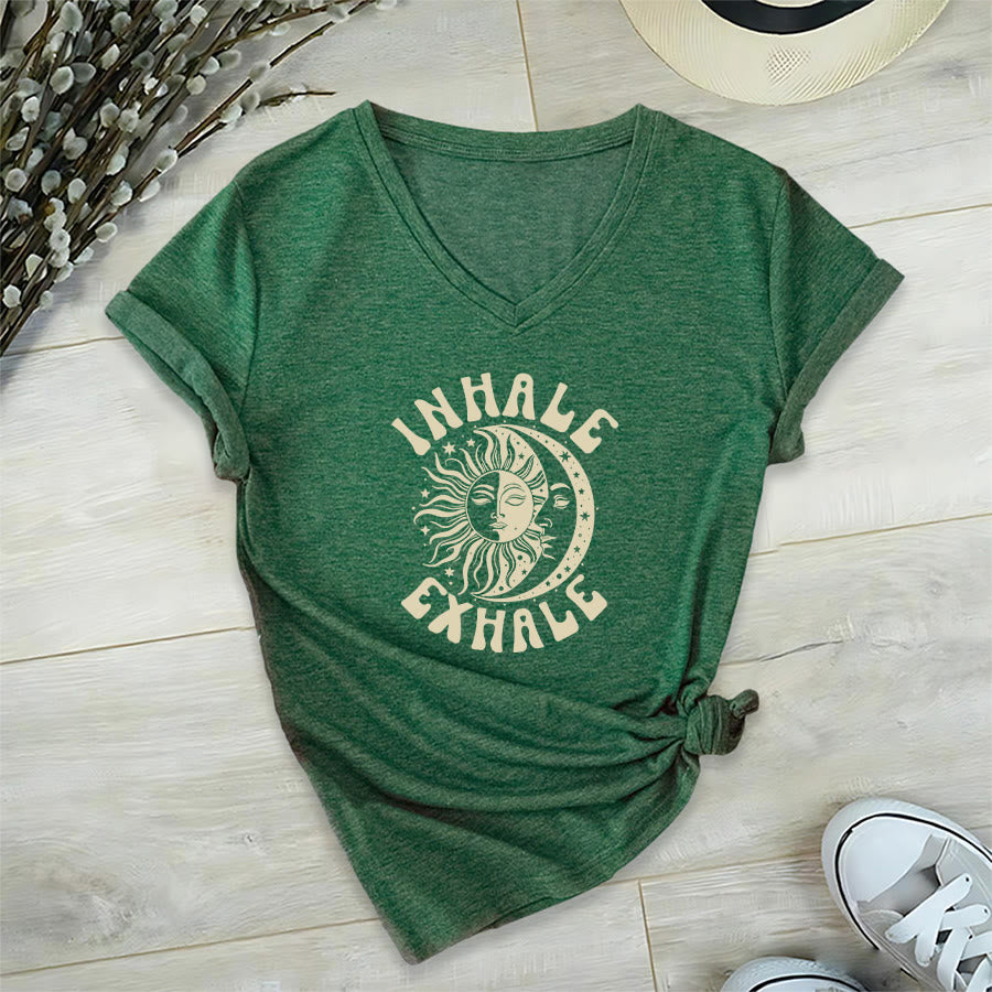 Olivenorma Boho Sun Moon "Inhale Exhale" Graphic V-Neck T-Shirt - Dark Green - 2XL - image 24