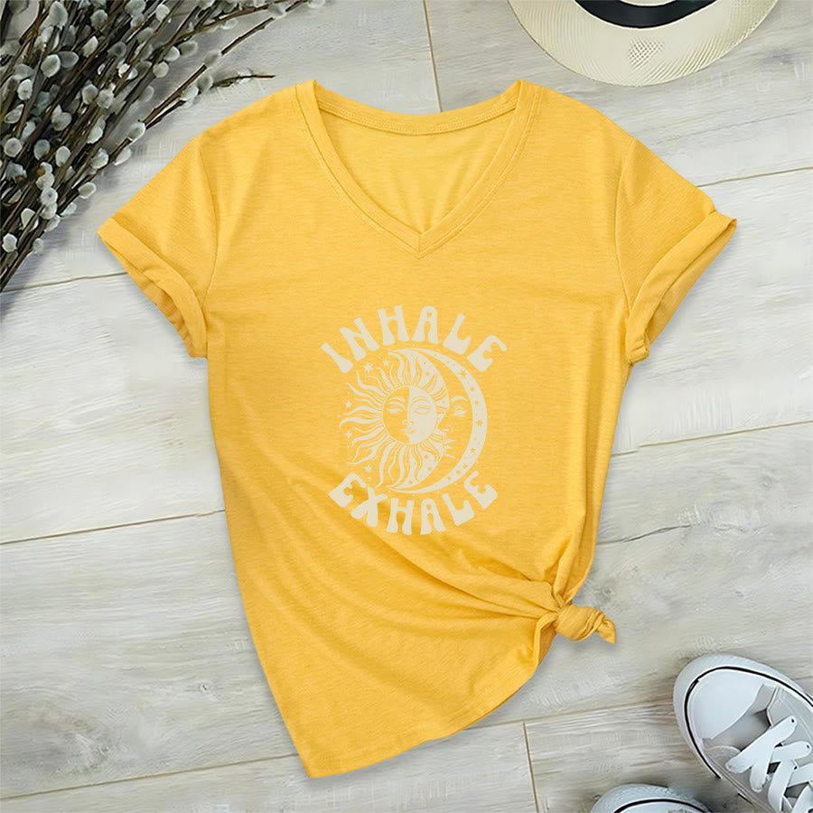 Olivenorma Boho Sun Moon "Inhale Exhale" Graphic V-Neck T-Shirt - Yellow - 2XL - image 30