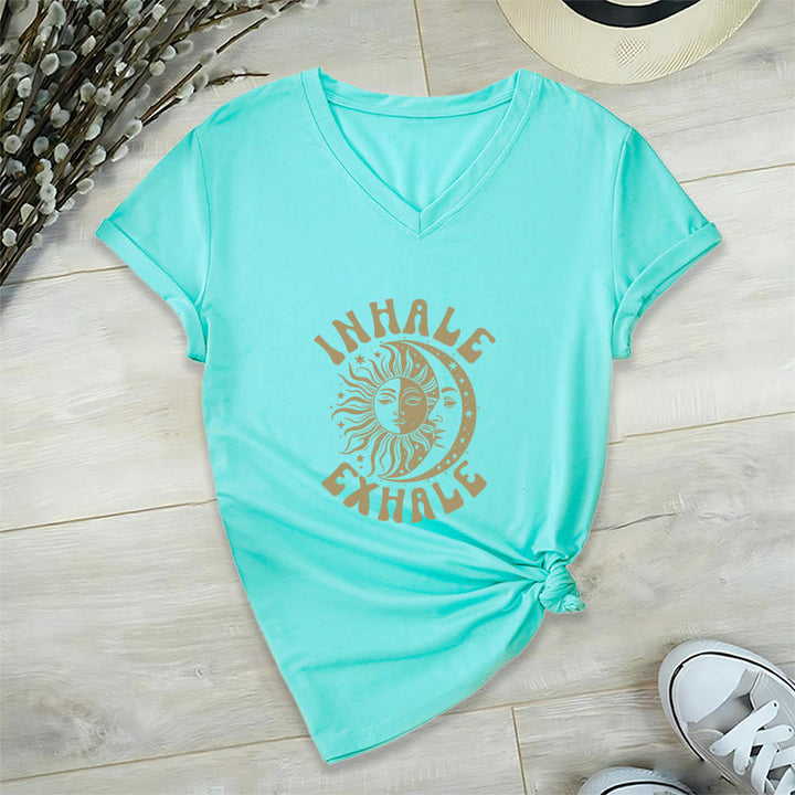 Olivenorma Boho Sun Moon "Inhale Exhale" Graphic V-Neck T-Shirt - Lake Blue - 2XL - image 9