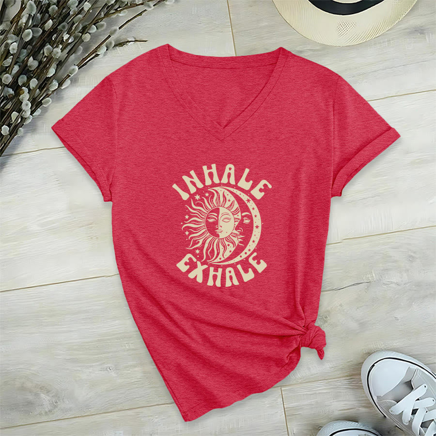 Olivenorma Boho Sun Moon "Inhale Exhale" Graphic V-Neck T-Shirt - Red - 2XL - image 27