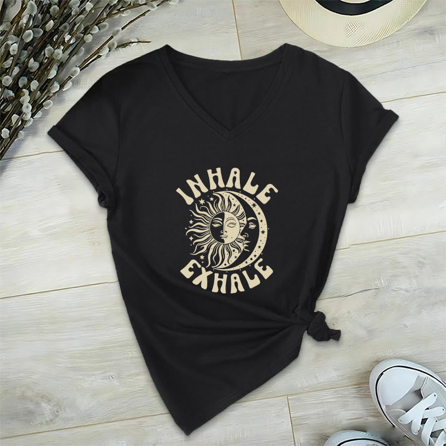 Olivenorma Boho Sun Moon "Inhale Exhale" Graphic V-Neck T-Shirt - Black - 2XL - image 12