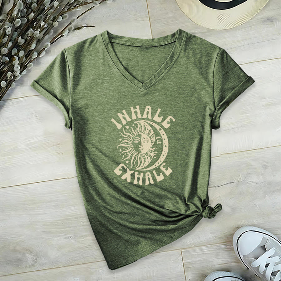 Olivenorma Boho Sun Moon "Inhale Exhale" Graphic V-Neck T-Shirt - Olive Green - 2XL - image 0