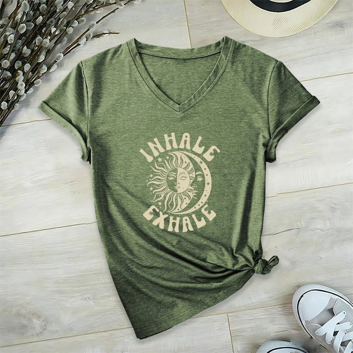 Olivenorma Boho Sun Moon "Inhale Exhale" Graphic V-Neck T-Shirt - Olive Green - 2XL - image 0