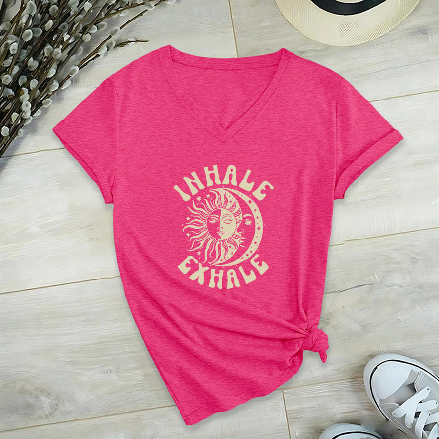 Olivenorma Boho Sun Moon "Inhale Exhale" Graphic V-Neck T-Shirt - Rose Red - 2XL - image 33