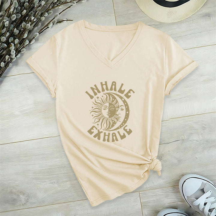 Olivenorma Boho Sun Moon "Inhale Exhale" Graphic V-Neck T-Shirt - Khaki - 2XL - image 3