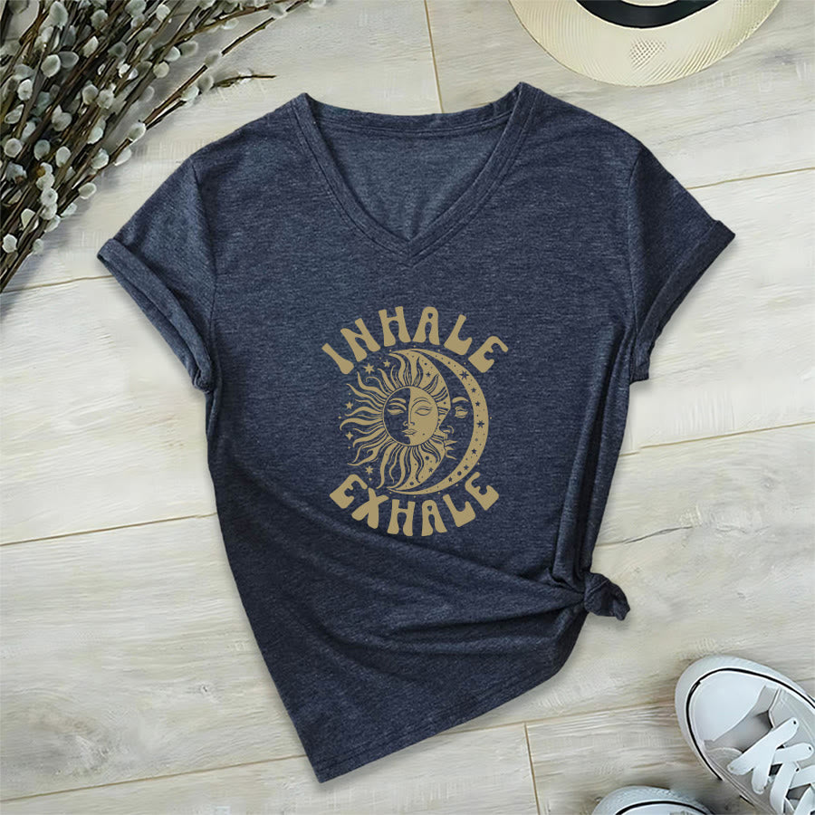 Olivenorma Boho Sun Moon "Inhale Exhale" Graphic V-Neck T-Shirt - Navy Blue - 2XL - image 21