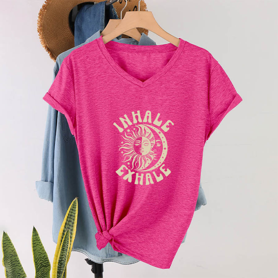 Olivenorma Boho Sun Moon "Inhale Exhale" Graphic V-Neck T-Shirt - image 34