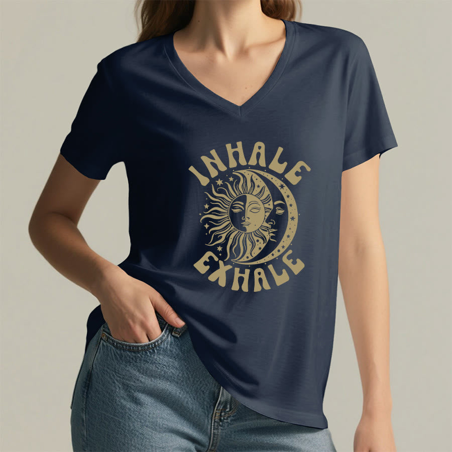 Olivenorma Boho Sun Moon "Inhale Exhale" Graphic V-Neck T-Shirt - image 23