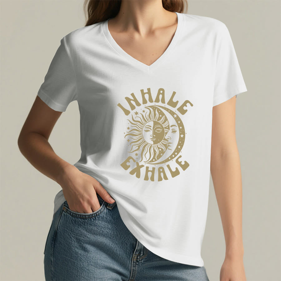 Olivenorma Boho Sun Moon "Inhale Exhale" Graphic V-Neck T-Shirt - image 20