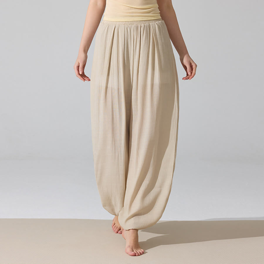 Olivenorma High Waist Elastic Waistband Crinkle Texture Loose Harem Yoga Women's Pants - Apricot - L - image 1
