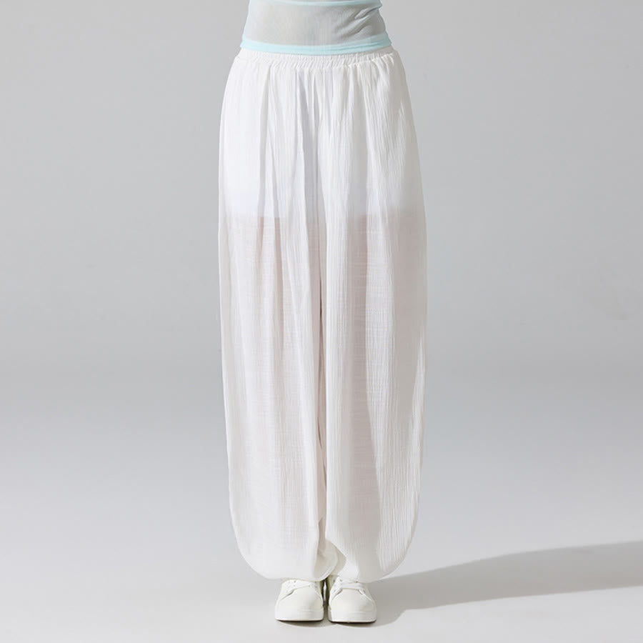 Olivenorma High Waist Elastic Waistband Crinkle Texture Loose Harem Yoga Women's Pants - White - L - image 6