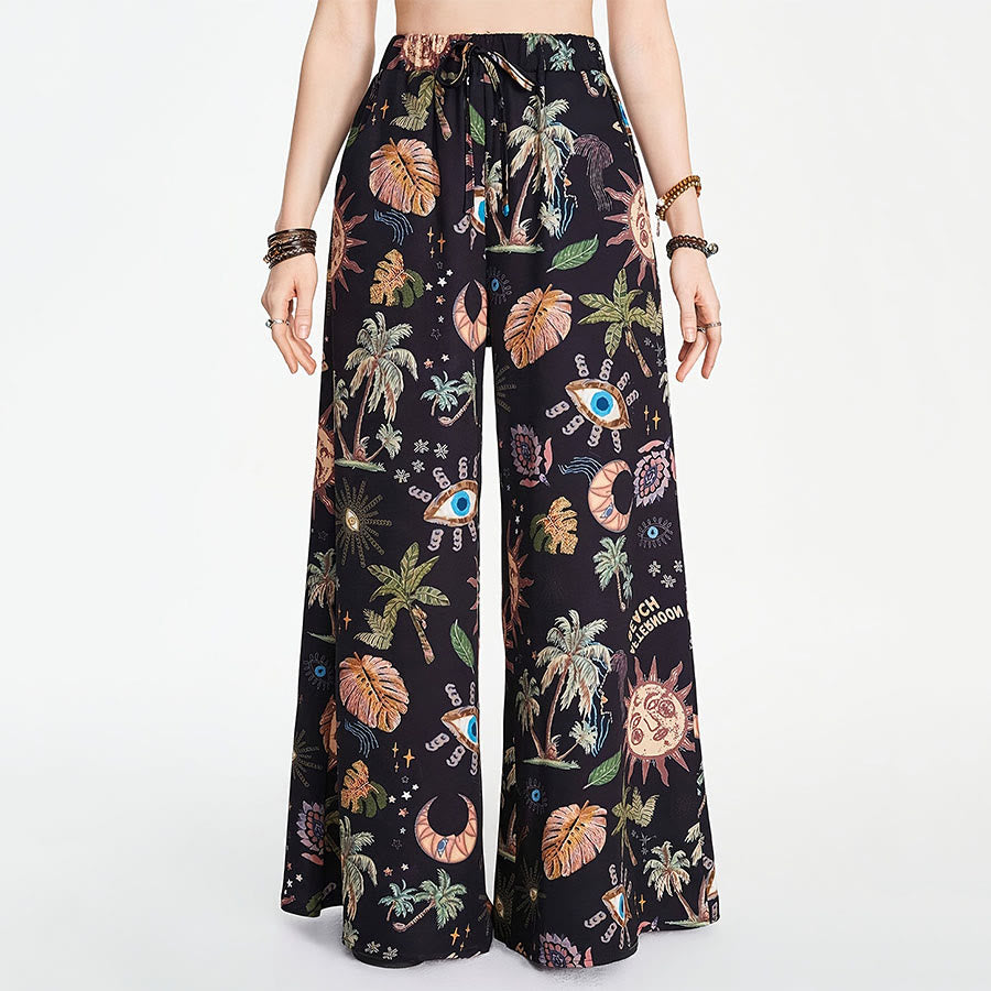 Olivenorma Boho Sun Evil Eye Palm Tree Print Drawstring Wide Leg Women's Pants - Black - XXXL - image 3