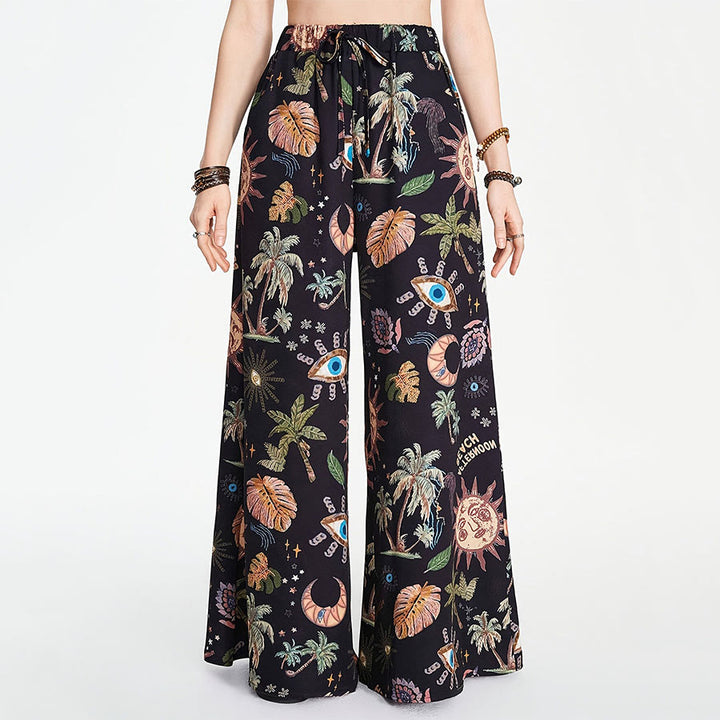 Olivenorma Boho Sun Evil Eye Palm Tree Print Drawstring Wide Leg Women's Pants - Black - XXXL - image 3