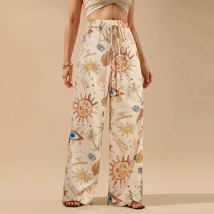 Olivenorma Boho Sun Evil Eye Palm Tree Print Drawstring Wide Leg Women's Pants - Beige - XXXL - image 0