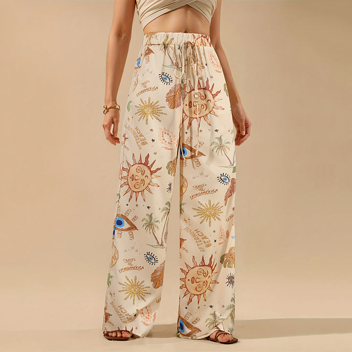 Olivenorma Boho Sun Evil Eye Palm Tree Print Drawstring Wide Leg Women's Pants - Beige - XXXL - image 0