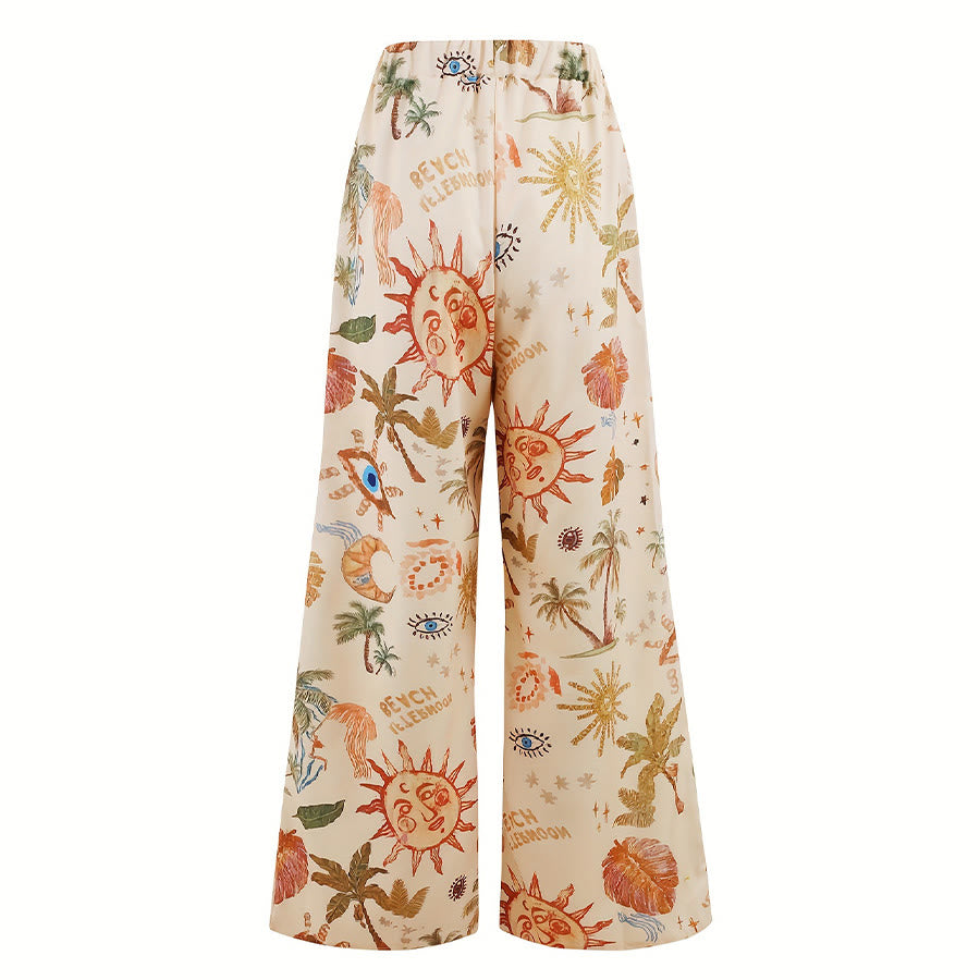 Olivenorma Boho Sun Evil Eye Palm Tree Print Drawstring Wide Leg Women's Pants - image 1