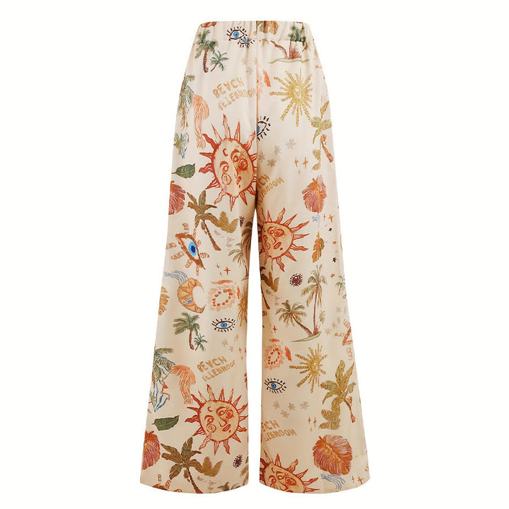 Olivenorma Boho Sun Evil Eye Palm Tree Print Drawstring Wide Leg Women's Pants - image 1
