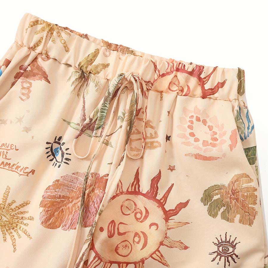 Olivenorma Boho Sun Evil Eye Palm Tree Print Drawstring Wide Leg Women's Pants - image 2