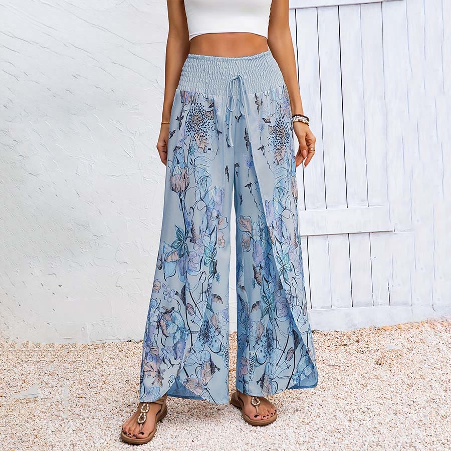 Olivenorma Watercolor Floral Print Smocked Waist Double Split Wide Leg Women's Pants - Blue - XXXL - image 5