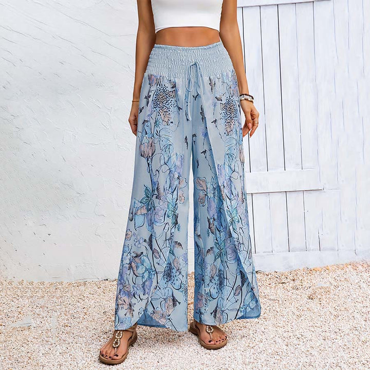 Olivenorma Watercolor Floral Print Smocked Waist Double Split Wide Leg Women's Pants - Blue - XXXL - image 5