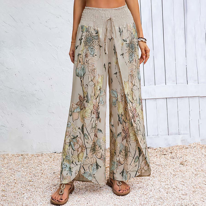 Olivenorma Watercolor Floral Print Smocked Waist Double Split Wide Leg Women's Pants - Khaki - XXXL - image 0