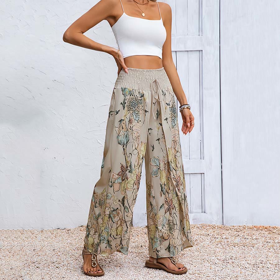 Olivenorma Watercolor Floral Print Smocked Waist Double Split Wide Leg Women's Pants - image 2