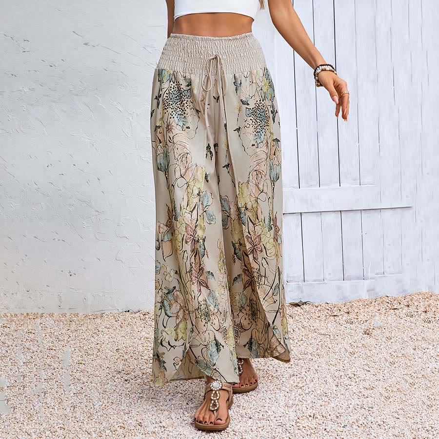 Olivenorma Watercolor Floral Print Smocked Waist Double Split Wide Leg Women's Pants - image 3