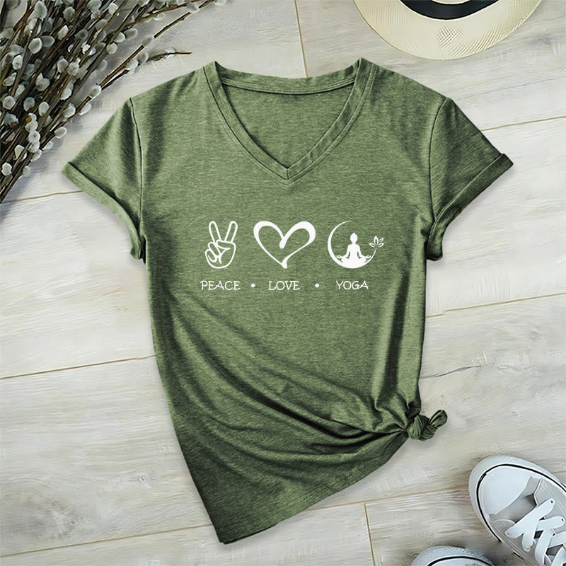 Olivenorma Boho Peace Love Yoga Peace Sign Heart Meditation Graphic Women's V Neck T-Shirt - Olive Green - 2XL - image 3