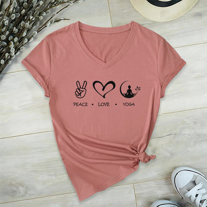 Olivenorma Boho Peace Love Yoga Peace Sign Heart Meditation Graphic Women's V Neck T-Shirt - Pink - 2XL - image 0