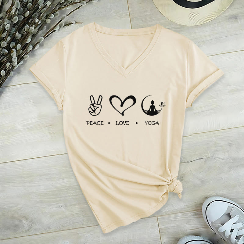 Olivenorma Boho Peace Love Yoga Peace Sign Heart Meditation Graphic Women's V Neck T-Shirt - Khaki - 2XL - image 6