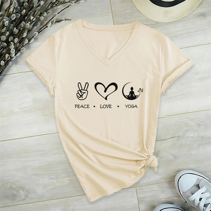 Olivenorma Boho Peace Love Yoga Peace Sign Heart Meditation Graphic Women's V Neck T-Shirt - Khaki - 2XL - image 6