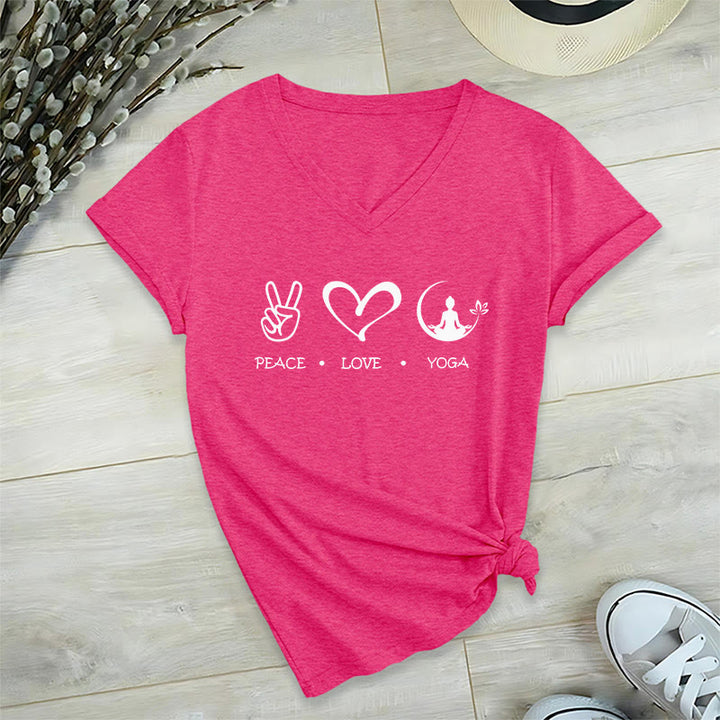 Olivenorma Boho Peace Love Yoga Peace Sign Heart Meditation Graphic Women's V Neck T-Shirt - Rose Red - 2XL - image 33