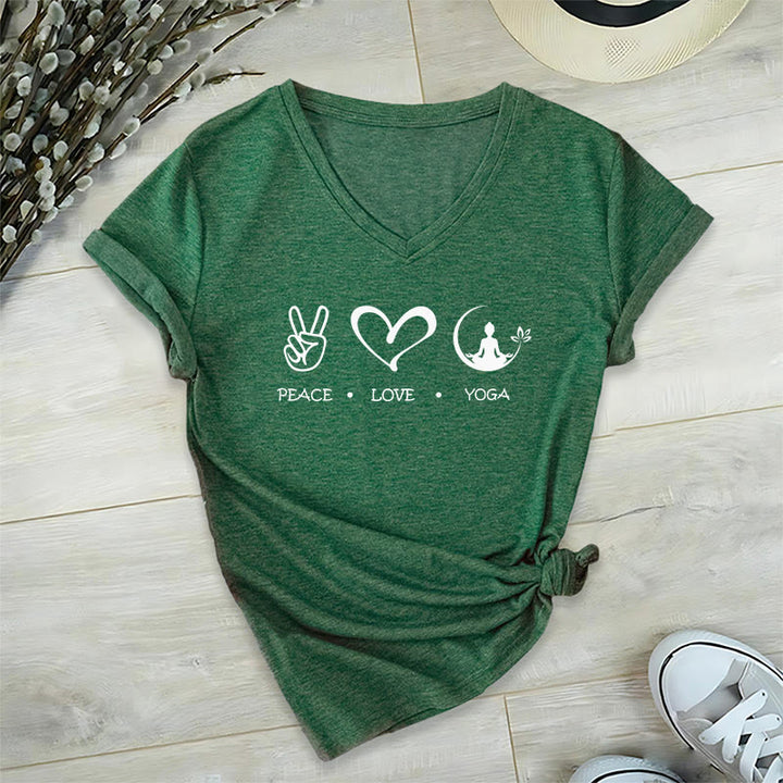 Olivenorma Boho Peace Love Yoga Peace Sign Heart Meditation Graphic Women's V Neck T-Shirt - Dark Green - 2XL - image 24