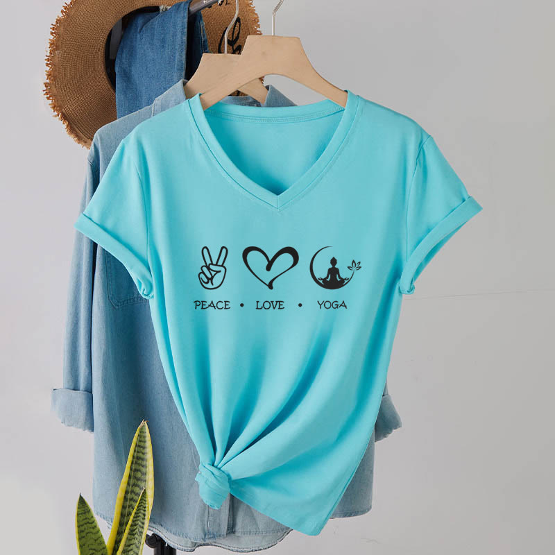 Olivenorma Boho Peace Love Yoga Peace Sign Heart Meditation Graphic Women's V Neck T-Shirt - image 10