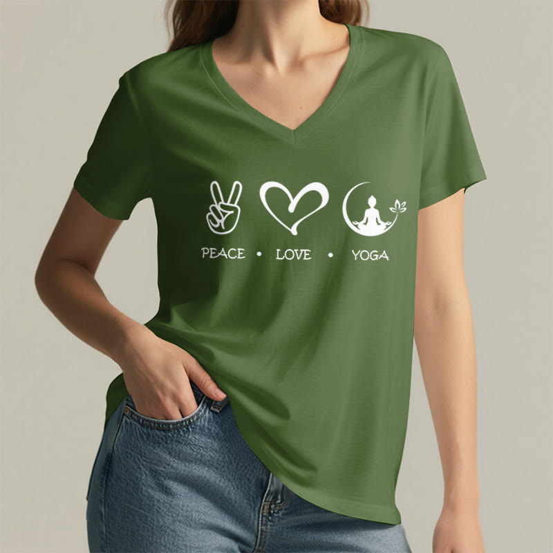 Olivenorma Boho Peace Love Yoga Peace Sign Heart Meditation Graphic Women's V Neck T-Shirt - image 5