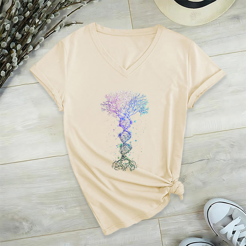 Olivenorma Boho Color Gradient DNA Tree Life Art Print Women's V Neck T-Shirt - Khaki - 2XL - image 9