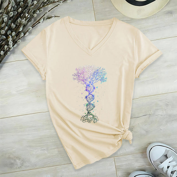 Olivenorma Boho Color Gradient DNA Tree Life Art Print Women's V Neck T-Shirt - Khaki - 2XL - image 9