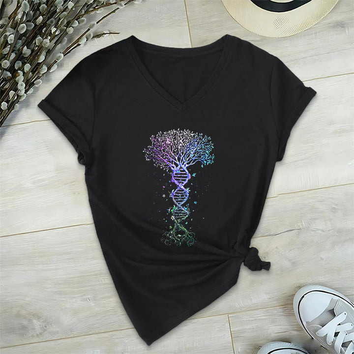 Olivenorma Boho Color Gradient DNA Tree Life Art Print Women's V Neck T-Shirt - Black - 2XL - image 0