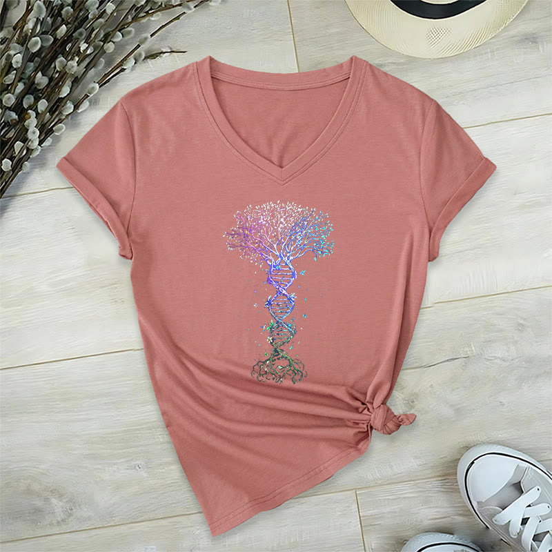 Olivenorma Boho Color Gradient DNA Tree Life Art Print Women's V Neck T-Shirt - Pink - 2XL - image 3
