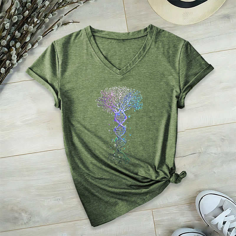 Olivenorma Boho Color Gradient DNA Tree Life Art Print Women's V Neck T-Shirt - Olive Green - 2XL - image 6