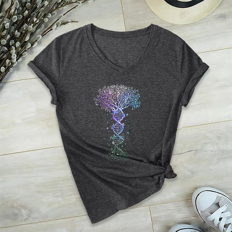 Olivenorma Boho Color Gradient DNA Tree Life Art Print Women's V Neck T-Shirt - Gray - 2XL - image 15
