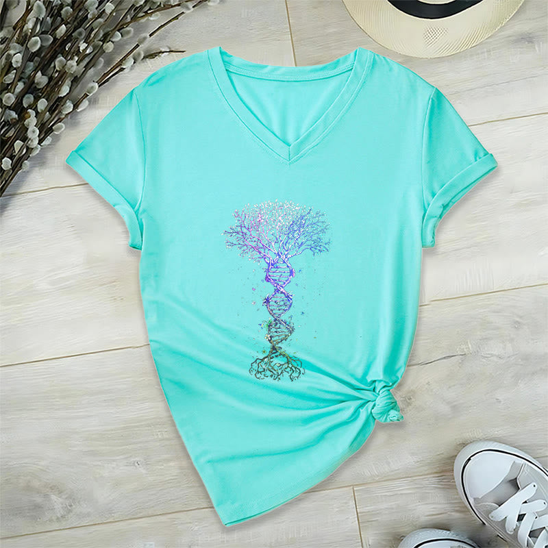 Olivenorma Boho Color Gradient DNA Tree Life Art Print Women's V Neck T-Shirt - Lake Blue - 2XL - image 12