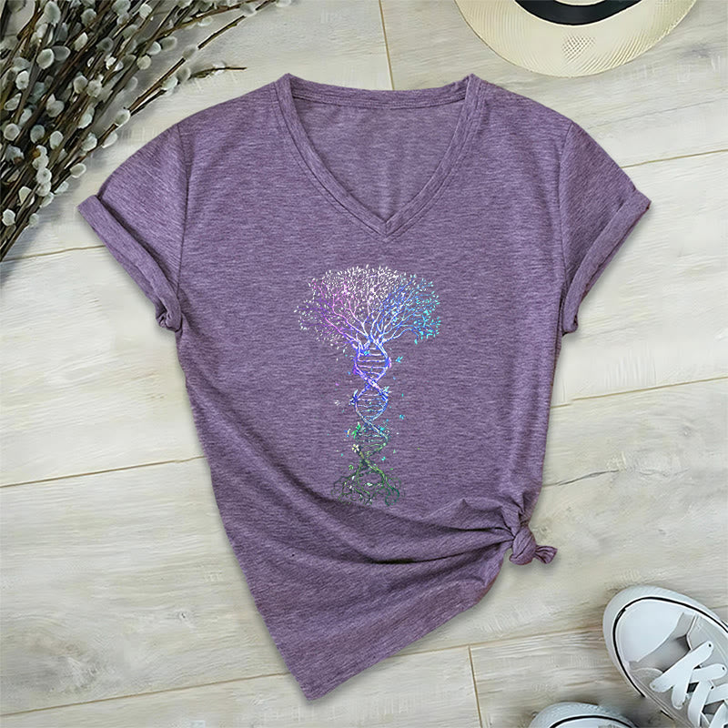 Olivenorma Boho Color Gradient DNA Tree Life Art Print Women's V Neck T-Shirt - Purple - 2XL - image 36