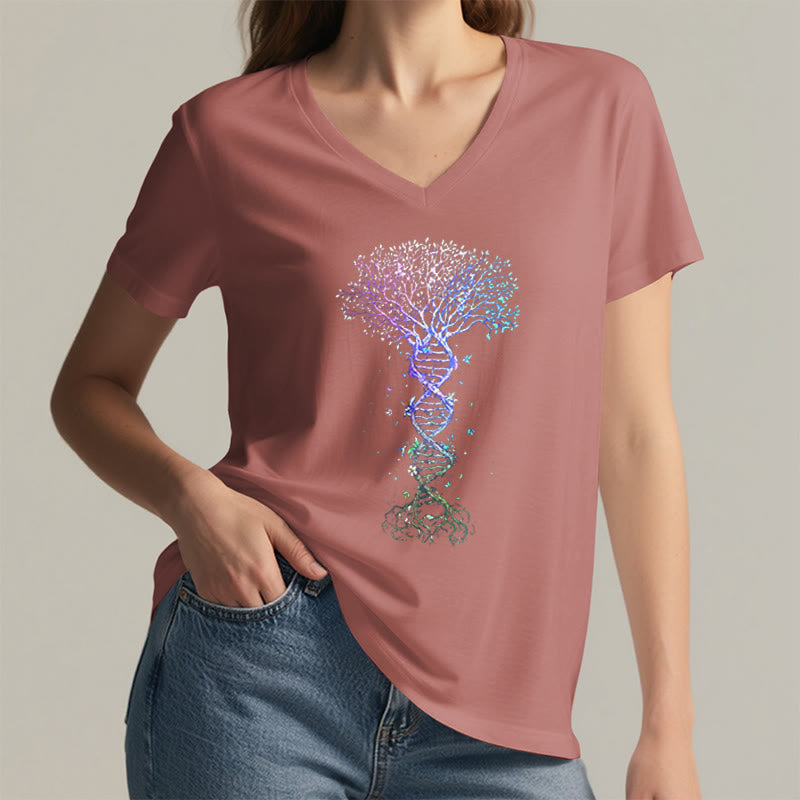 Olivenorma Boho Color Gradient DNA Tree Life Art Print Women's V Neck T-Shirt - image 5
