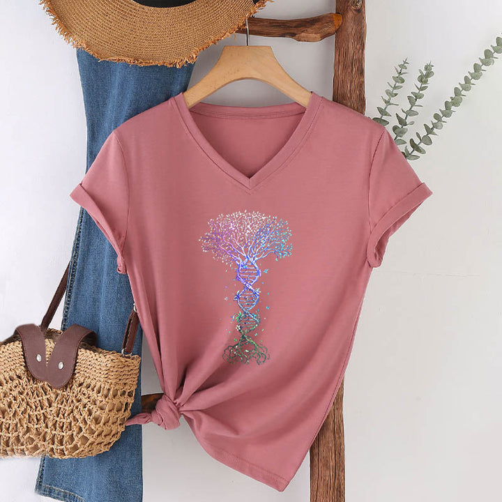 Olivenorma Boho Color Gradient DNA Tree Life Art Print Women's V Neck T-Shirt - image 4