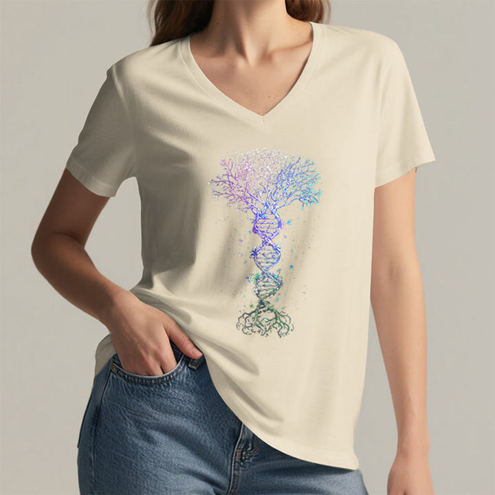 Olivenorma Boho Color Gradient DNA Tree Life Art Print Women's V Neck T-Shirt - image 11