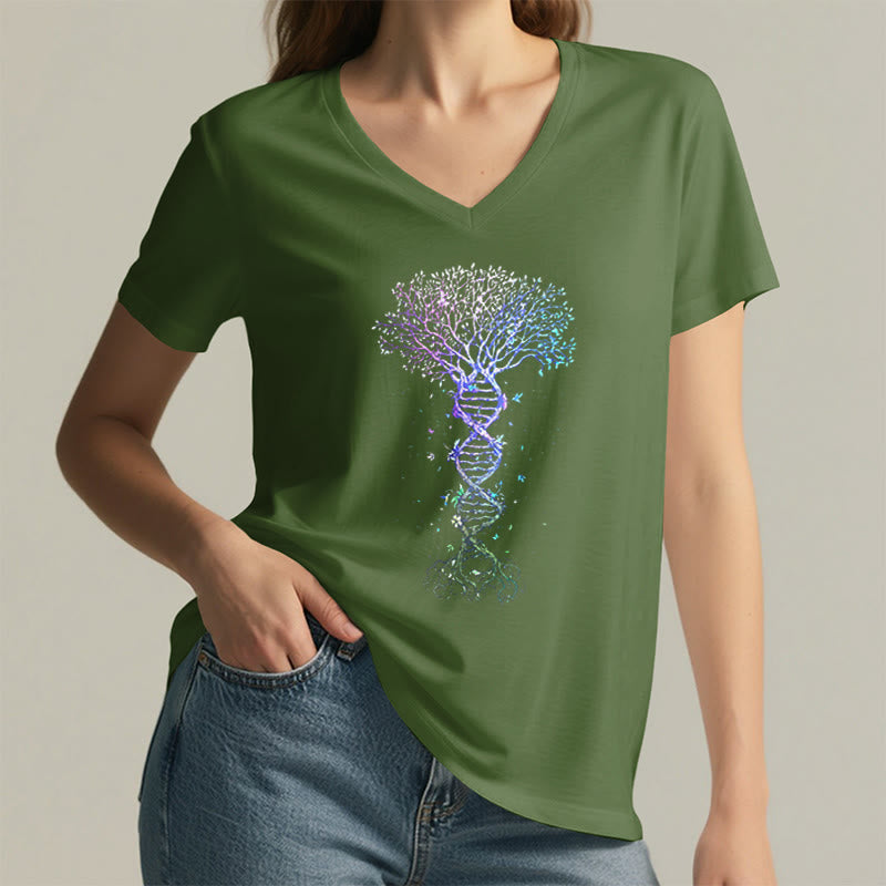 Olivenorma Boho Color Gradient DNA Tree Life Art Print Women's V Neck T-Shirt - image 8